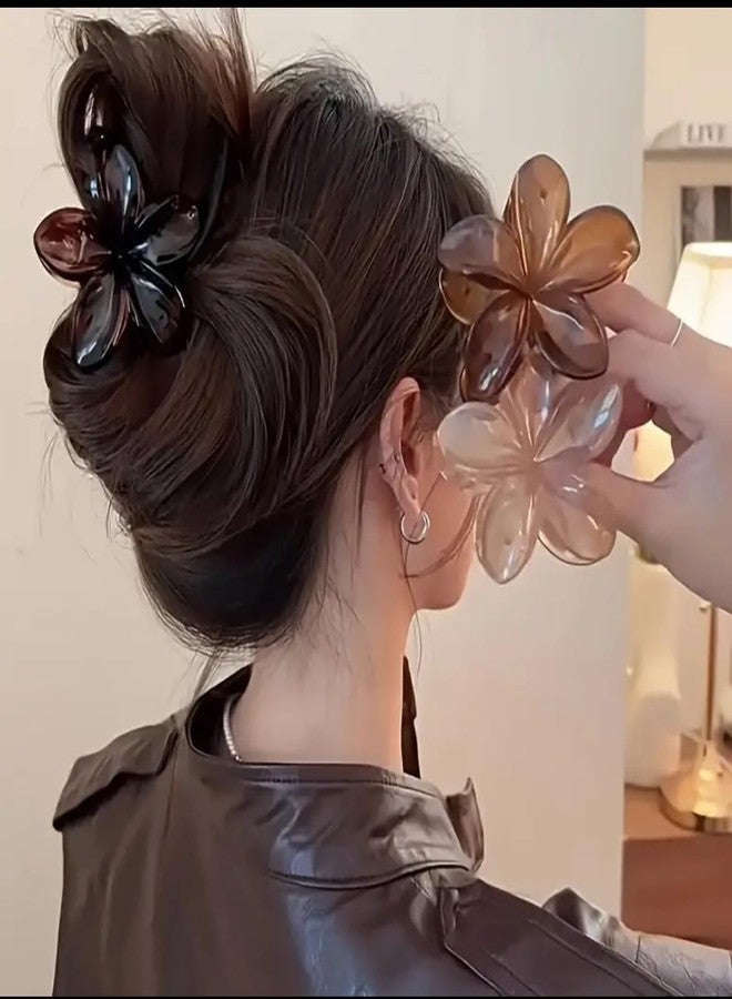 EPARTY مشابك شعر مزينة بالزهور، بتصميم زهور أكريليك شفافة باللونين البني والشفاف، إكسسوارات شعر كبيرة الحجم، طقم من 3 قطع - Image 1