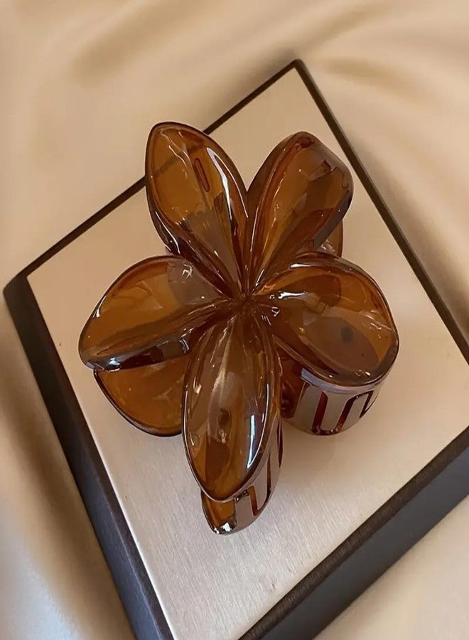 EPARTY مشابك شعر مزينة بالزهور، بتصميم زهور أكريليك شفافة باللونين البني والشفاف، إكسسوارات شعر كبيرة الحجم، طقم من 3 قطع - Image 3