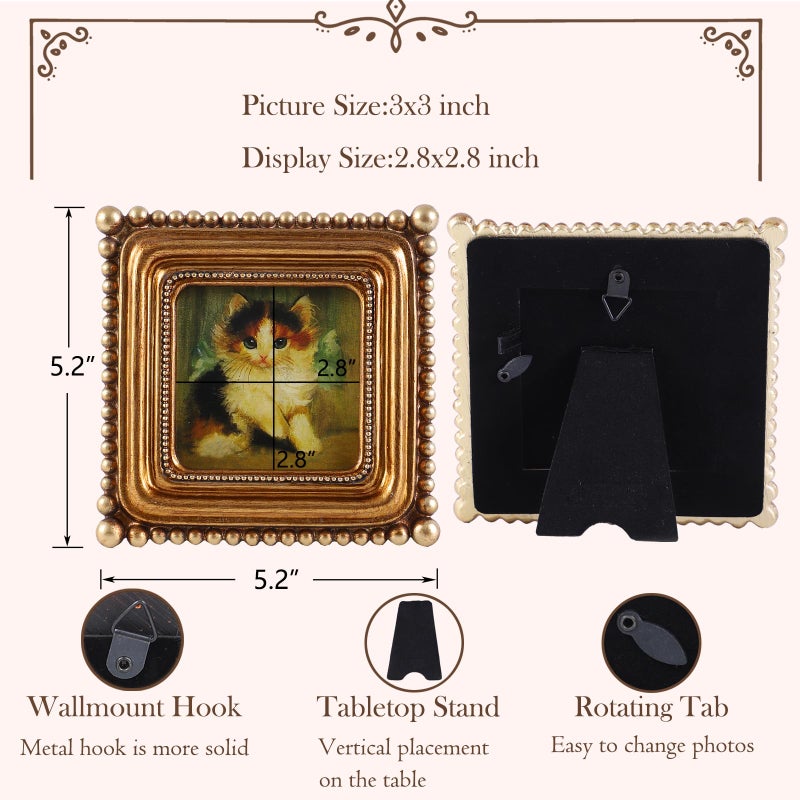 SIKOO Small Vintage Picture Frame 3x3 Bronze Gold Antique Ornate Photo Frame Square with Bead for Tabletop and Wall Mount Display Vintage Wall Decor Art Gallery - Image 5