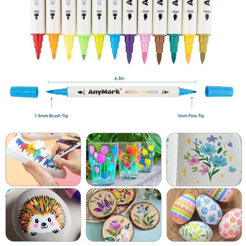 AnyMark 24 Colors Acrylic Paint Markers, Dual Tip Acrylic Paint Pens with Brush & Fine Tip, Premium Paint Markers for Coloring, Canvas, wood, Stone, Rock Painting, Glass - Image 5