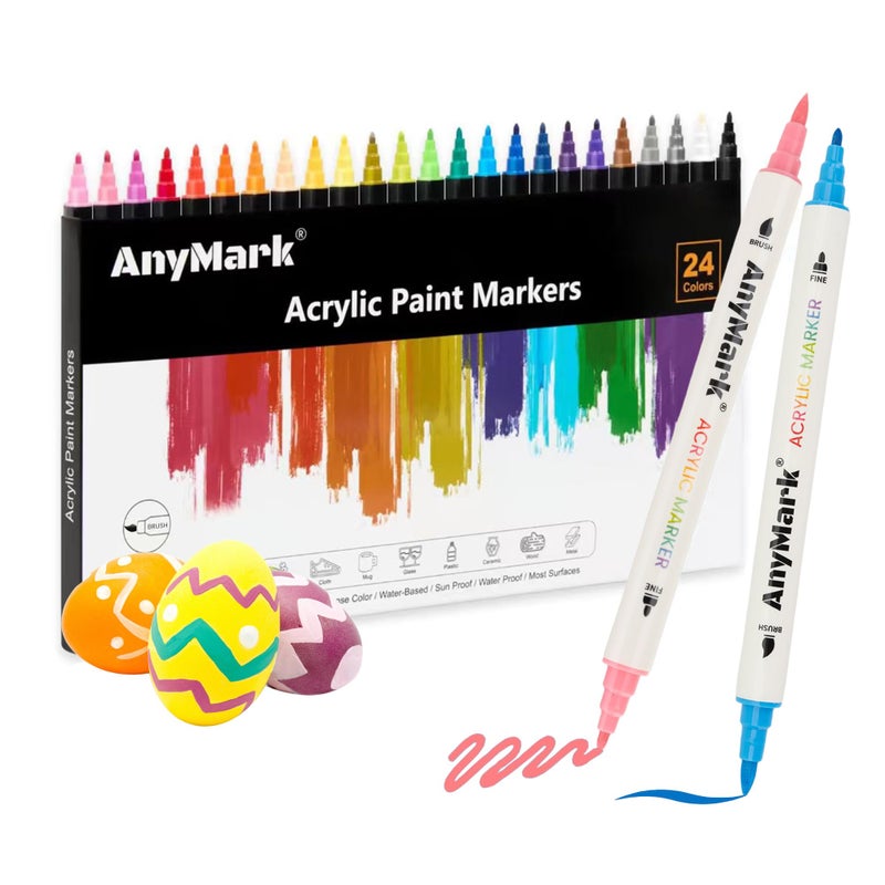 AnyMark 24 Colors Acrylic Paint Markers, Dual Tip Acrylic Paint Pens with Brush & Fine Tip, Premium Paint Markers for Coloring, Canvas, wood, Stone, Rock Painting, Glass - Image 1