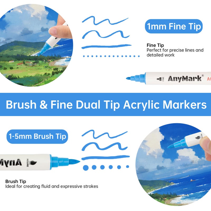 AnyMark 24 Colors Acrylic Paint Markers, Dual Tip Acrylic Paint Pens with Brush & Fine Tip, Premium Paint Markers for Coloring, Canvas, wood, Stone, Rock Painting, Glass - Image 3
