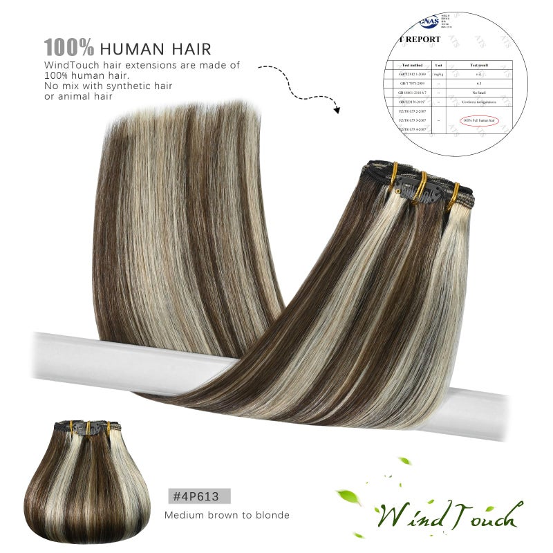 WindTouch Clip in Hair Extensions Medium Brown to Blonde Highlights For Women 20Inch Soft Human Remy Hair Extensions 9A Grade #4P613 75g 7PCS - Image 5