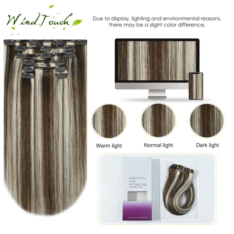 WindTouch Clip in Hair Extensions Medium Brown to Blonde Highlights For Women 20Inch Soft Human Remy Hair Extensions 9A Grade #4P613 75g 7PCS - Image 4