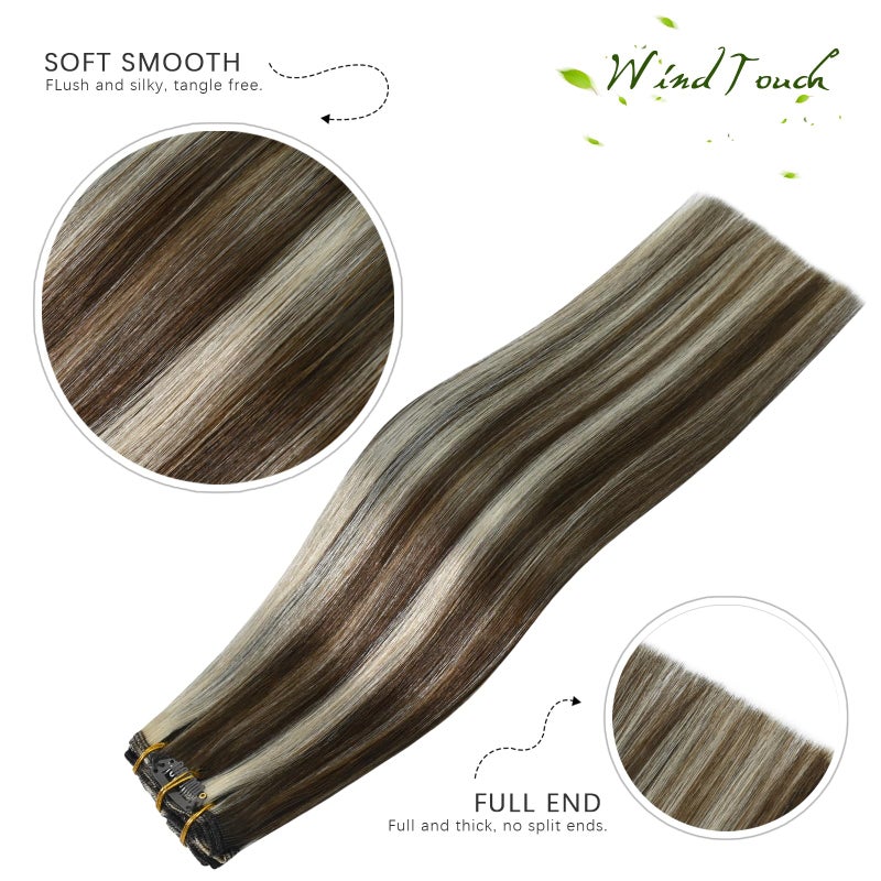 WindTouch Clip in Hair Extensions Medium Brown to Blonde Highlights For Women 20Inch Soft Human Remy Hair Extensions 9A Grade #4P613 75g 7PCS - Image 2