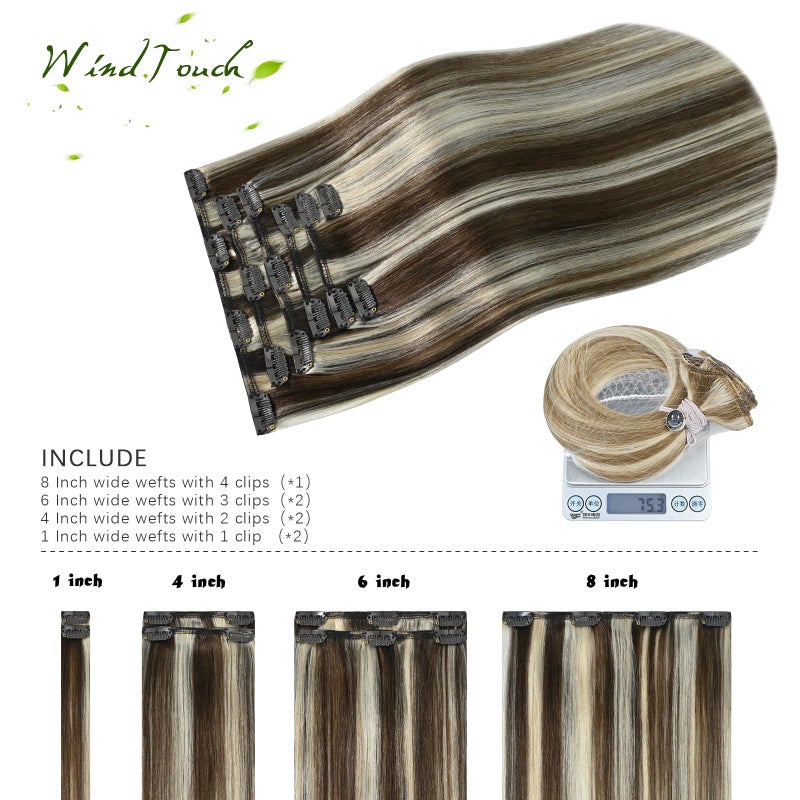 WindTouch Clip in Hair Extensions Medium Brown to Blonde Highlights For Women 20Inch Soft Human Remy Hair Extensions 9A Grade #4P613 75g 7PCS - Image 3
