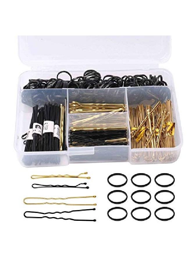 Pengxiaomei - 320 Pcs Bobby Pins U Hair Pins Set For Women Girls Includes 200 Gold Black Different Shapes Hair Pins And 120 Rubber Hair Bands In A Clear Storage Box - Image 1