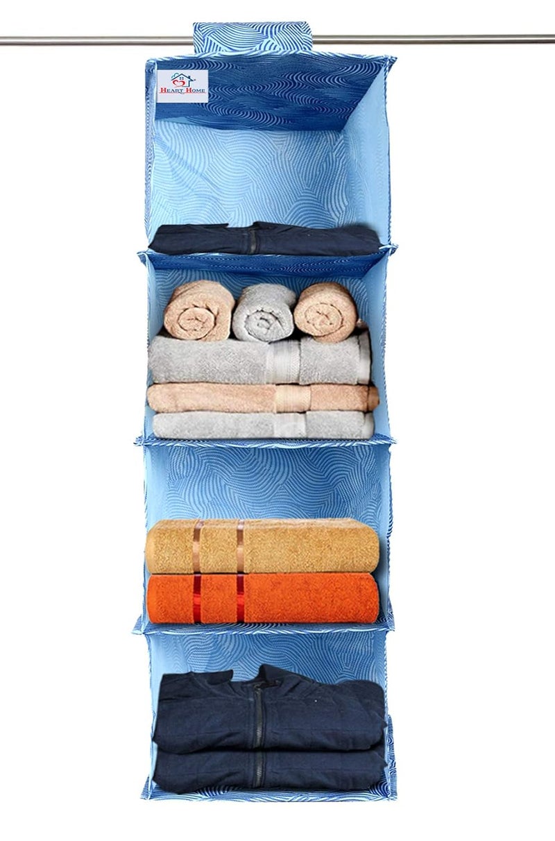 Kuber Industries Heart Home Laheriya Print 4 Shelf Closet Hanging Organizer 4 Tier Closet Wardrobe Organizer Clothes Storage Hanger for Family Closet Bedroom Foldable and Universal Fit BlueKUBMART15341 - Image 1