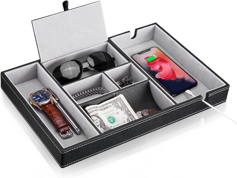 Nightstand Organizer Tray with Phone Charging Station - Leather Valet Tray for Men - Image 1