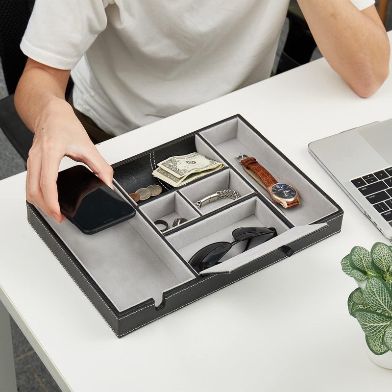 Nightstand Organizer Tray with Phone Charging Station - Leather Valet Tray for Men - Image 4
