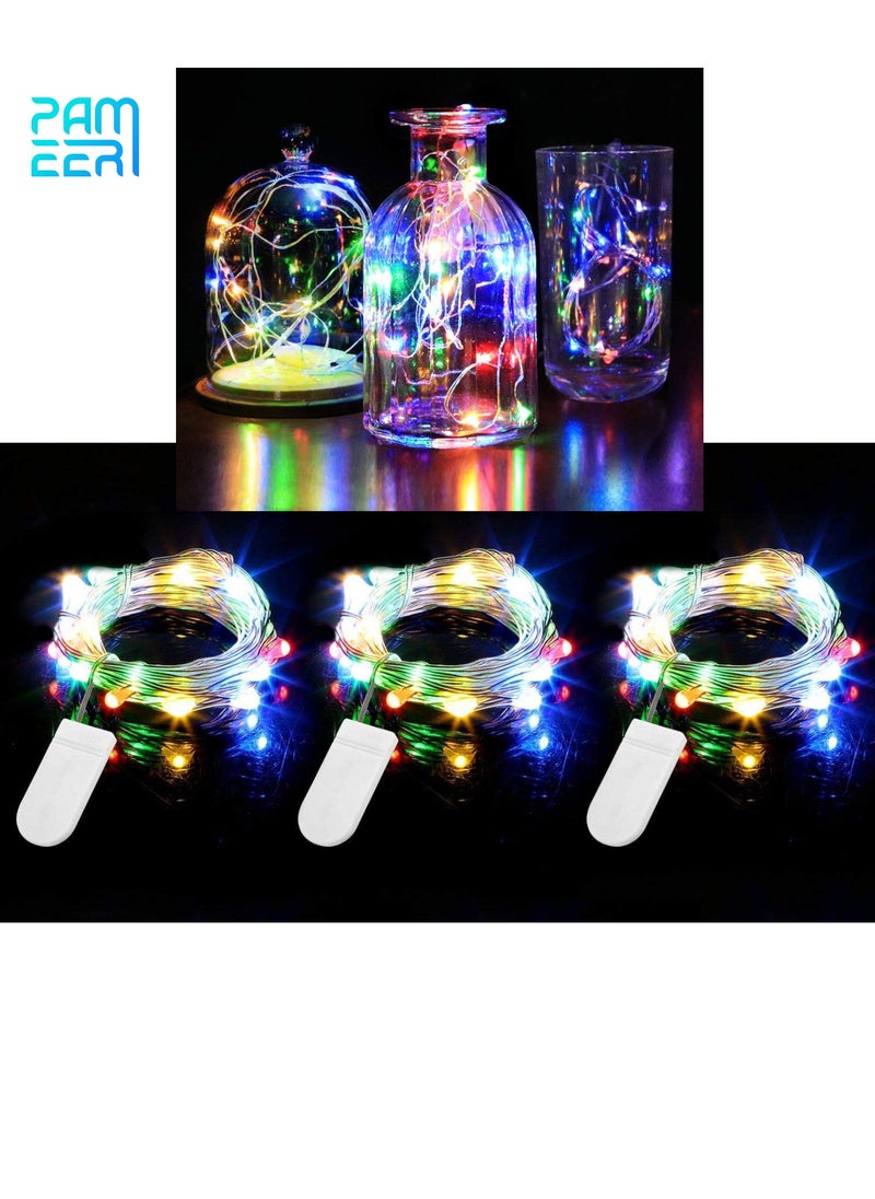 PAMEER - 3-Pack Fairy String Lights with Battery and Flexible Copper Wire 2Mtr Mini 20 LEDs Multicolor LED Strip for Christmas EID Ramadan Dewali Decoration Firefly LED Single Mode Battery Box Button ON OFF - Image 1