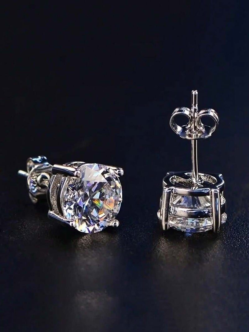 Shein 1pair European And American Fashion Copper Plated Gold Plated CZ Square Exquisite Classic Men's Party Luxurious Round Shining EarringsCZ4/5/6/7/8mm - Size 4mm - Image 2