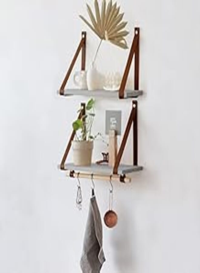 Home Gallery PU Brown Leather Strap Wall Floating Shelves 45X20 Gray