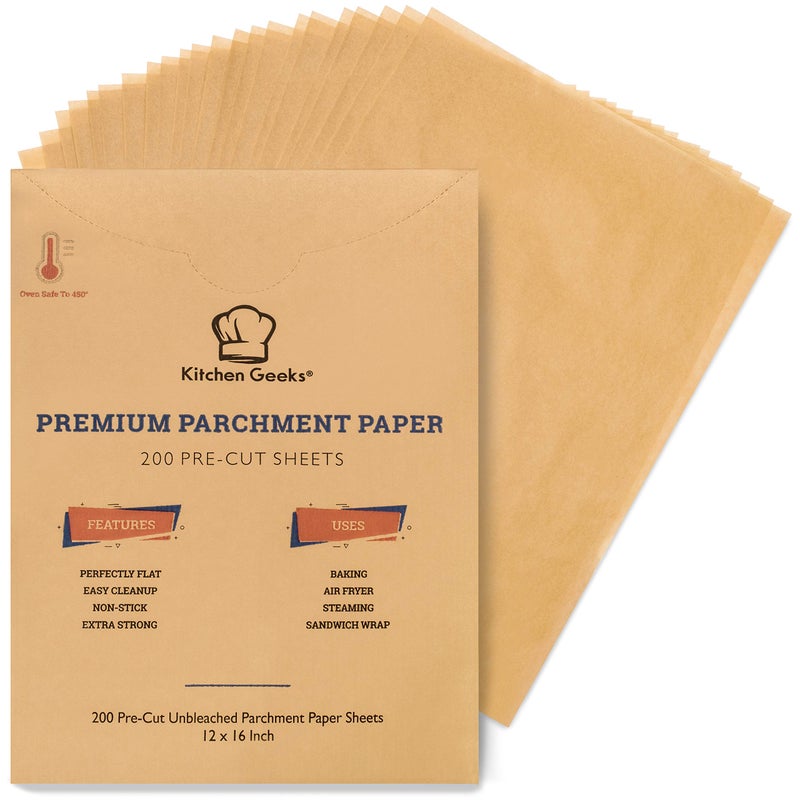 Kitchen Geeks Parchment Paper Baking Sheets Unbleached NonStick Precut 12x16 Inches Will Not Curl Pack of 200