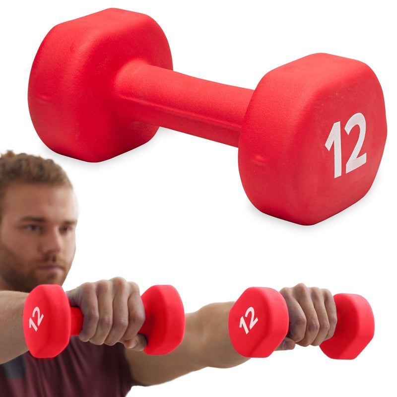 Gaiam Dumbbell Hand Weight Sold in Singles Neoprene Coated Exercise Fitness Dumbbell for Home Gym Workouts and Strength Training Free Weights for Women and Men 12lb Red