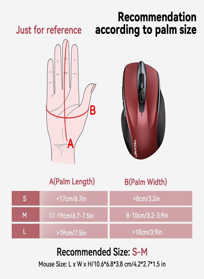 TECKNET Wireless Mouse (BT5.0/3.0 & 2.4G) Rechargeable 4800 DPI Silent USB A & Bluetooth Mouse 6 Buttons, Wide Compatibility - Red - Image 4