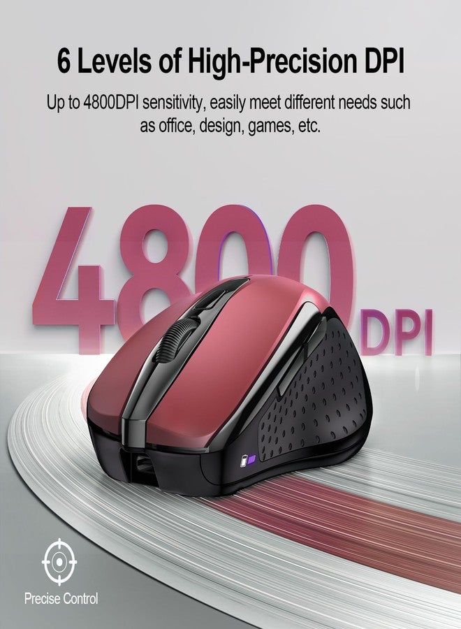 TECKNET Wireless Mouse (BT5.0/3.0 & 2.4G) Rechargeable 4800 DPI Silent USB A & Bluetooth Mouse 6 Buttons, Wide Compatibility - Red - Image 5