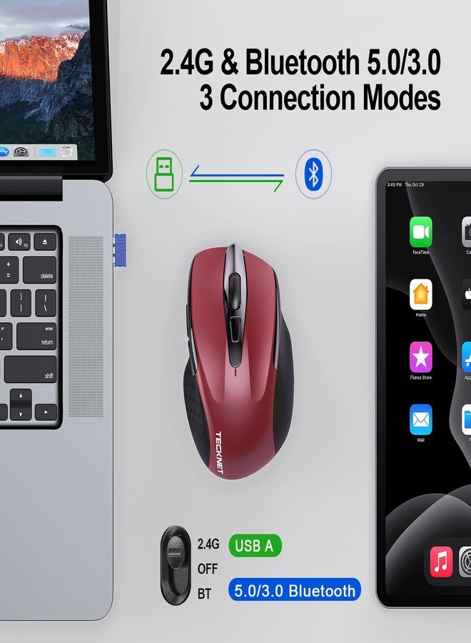TECKNET Wireless Mouse (BT5.0/3.0 & 2.4G) Rechargeable 4800 DPI Silent USB A & Bluetooth Mouse 6 Buttons, Wide Compatibility - Red - Image 2