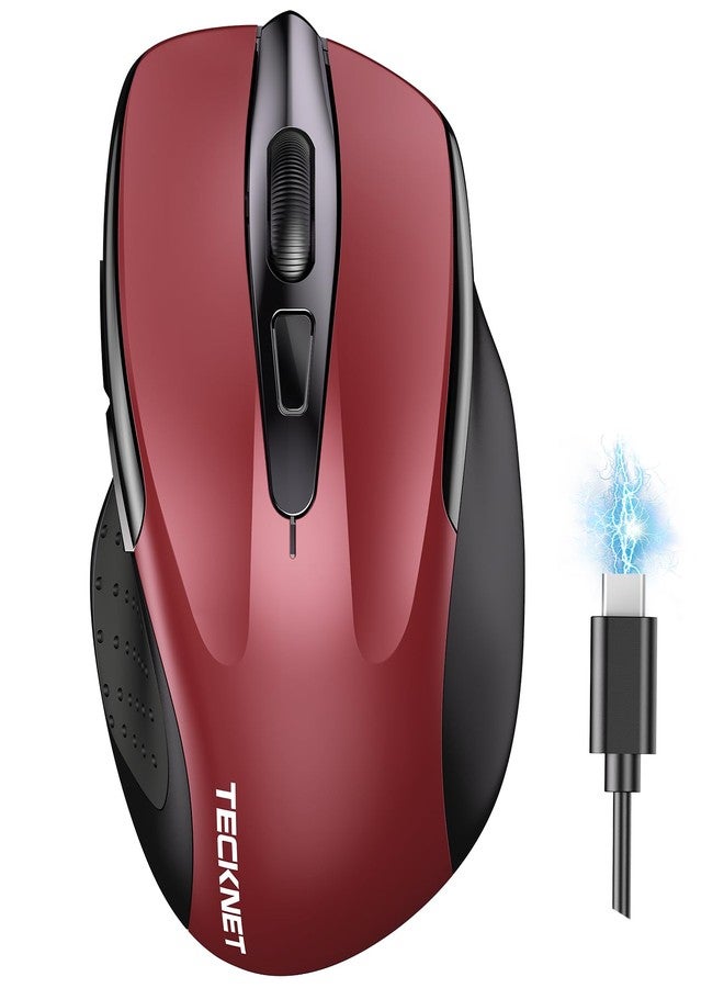TECKNET Wireless Mouse (BT5.0/3.0 & 2.4G) Rechargeable 4800 DPI Silent USB A & Bluetooth Mouse 6 Buttons, Wide Compatibility - Red - Image 1