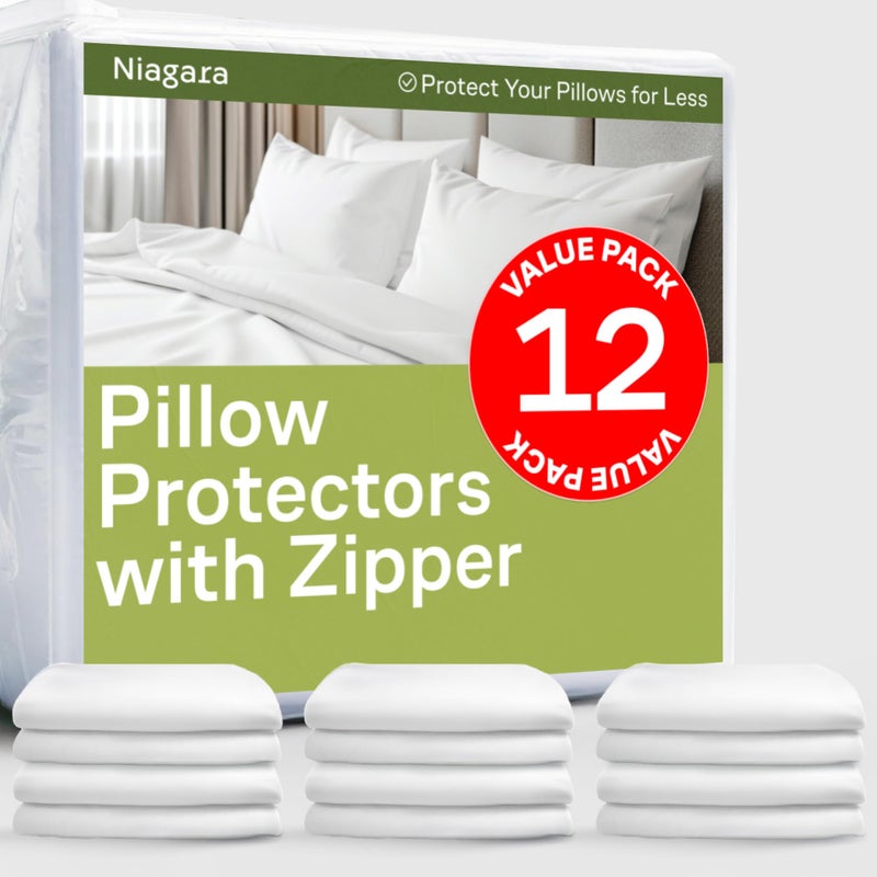 Ultra Soft Pillow Protectors with Zipper Standard Size  Set of 12 Breathable Pillow Covers  100 Protection Against Stains Dust  Dirt  Machine Washable White