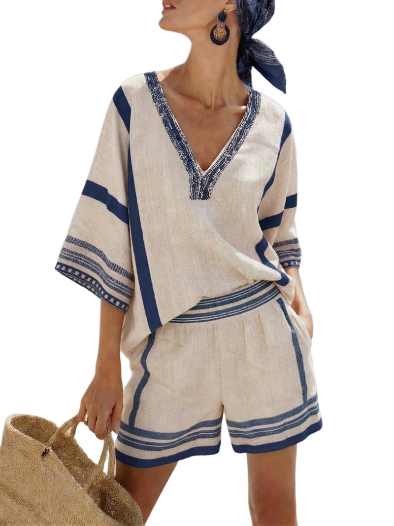 Bohemian Mediterranean Striped Print 2pcs Set, V Neck Mid Sleeve Top with Shorts, Summer Vacation Casual Outfit - Image 1