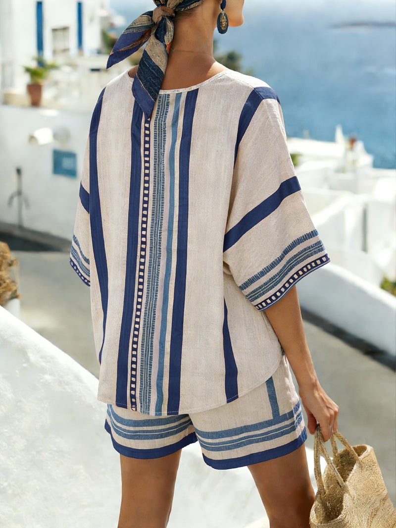 Bohemian Mediterranean Striped Print 2pcs Set, V Neck Mid Sleeve Top with Shorts, Summer Vacation Casual Outfit - Image 2