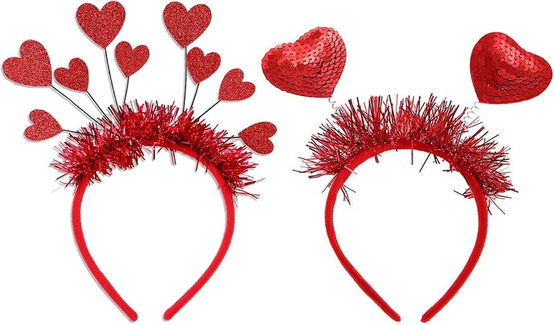 2PCS Valentines Day Heart Headband Red Heart Head Bopper Sequin Heart Hair Accessories for Party Props Holiday Wedding Birthday Costume Accessory