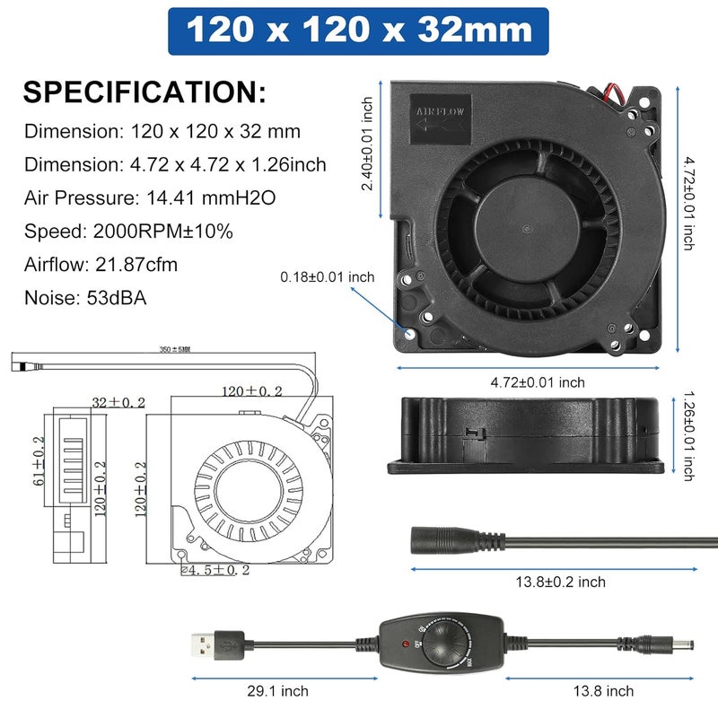 PANO-MOUNTS مروحة تبريد بدون فرشاة بقياس 120 مم، تعمل بالطاقة الكهربائية من منفذ USB (5V) ومزودة بجهاز تحكم في السرعة، بأبعاد 120 مم × 32 مم وقطر 4.72 بوصة، مقاومة للرطوبة، مناسبة للاستخدام في الثلاجات القابلة للنفخ، بسرعة دوران تتراوح بين 1300 و2000 دورة في الدقيقة. - Image 3