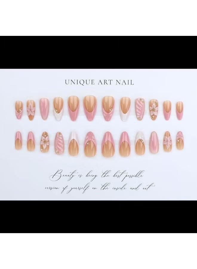 OUHOE 3D Pink Press on Nails Almond - Medium French Tip Fake Nails with Embossed Flower&Gold Bead Designs, Glossy Finish Reusable False Nails with Glue Tabs - 24Pcs Nail Kit for Women Manicure - Image 3