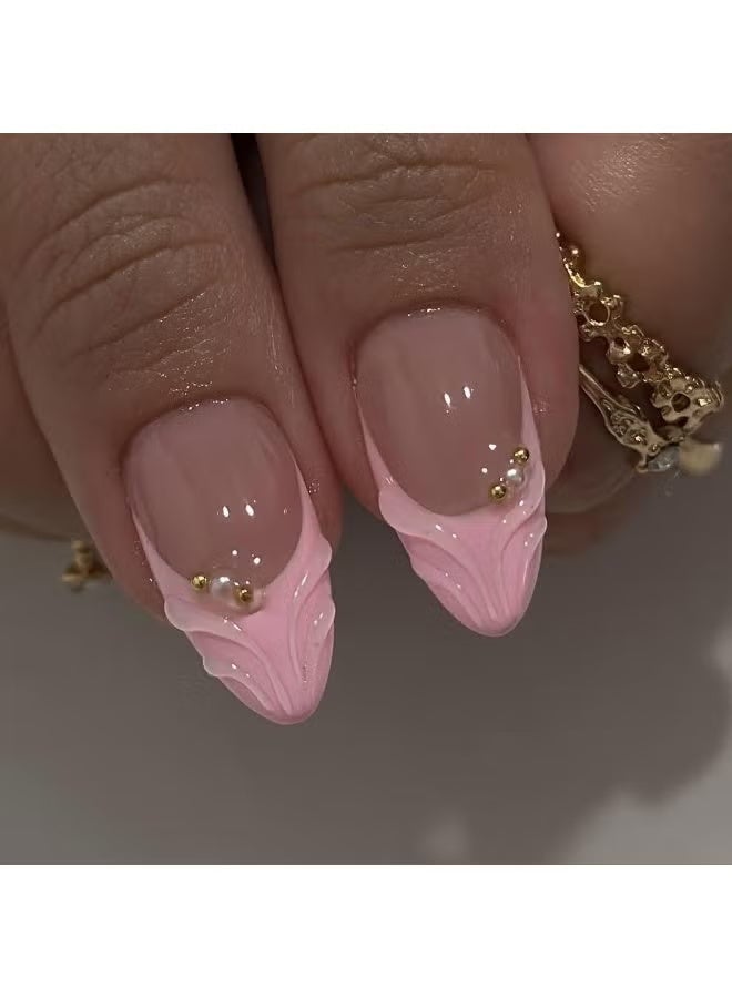 OUHOE 3D Pink Press on Nails Almond - Medium French Tip Fake Nails with Embossed Flower&Gold Bead Designs, Glossy Finish Reusable False Nails with Glue Tabs - 24Pcs Nail Kit for Women Manicure - Image 4