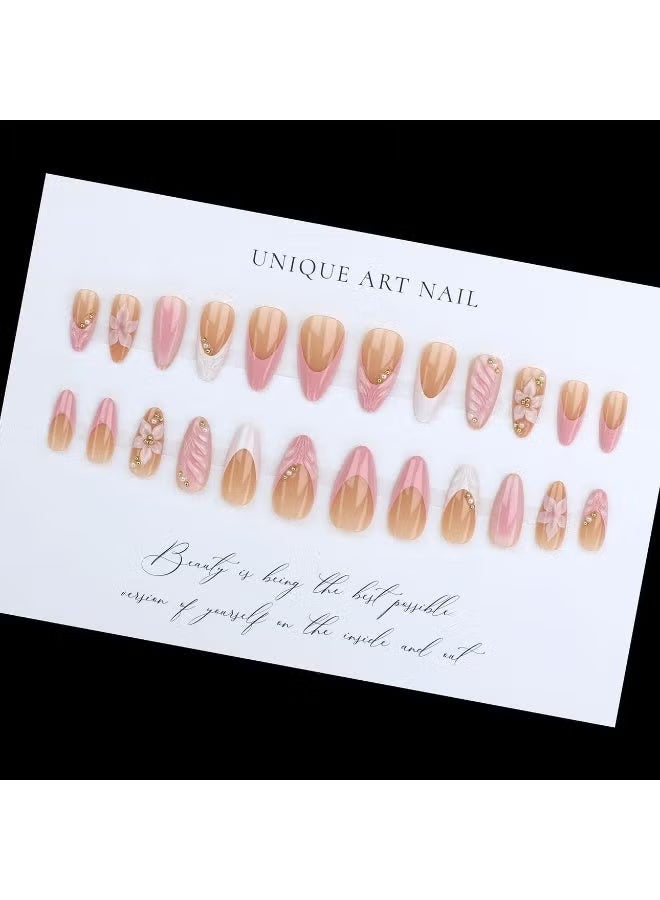 OUHOE 3D Pink Press on Nails Almond - Medium French Tip Fake Nails with Embossed Flower&Gold Bead Designs, Glossy Finish Reusable False Nails with Glue Tabs - 24Pcs Nail Kit for Women Manicure - Image 2