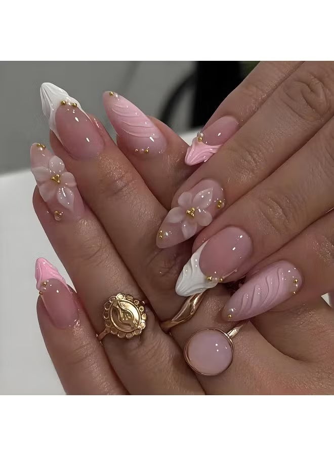 OUHOE 3D Pink Press on Nails Almond - Medium French Tip Fake Nails with Embossed Flower&Gold Bead Designs, Glossy Finish Reusable False Nails with Glue Tabs - 24Pcs Nail Kit for Women Manicure - Image 1