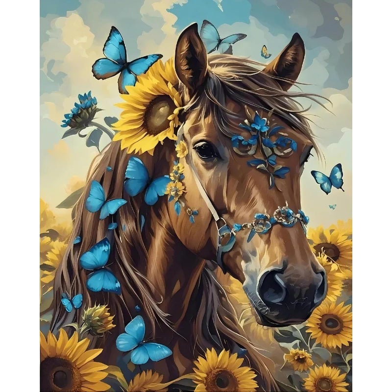 askkqtx Horse Paint by Numbers Kit for Adults, Sunflowers and Butterflies Paint by Numbers for Beginner, DIY Oil Painting by Number on Canvas for Home Decor Gifts 16x20 Inch - Image 1