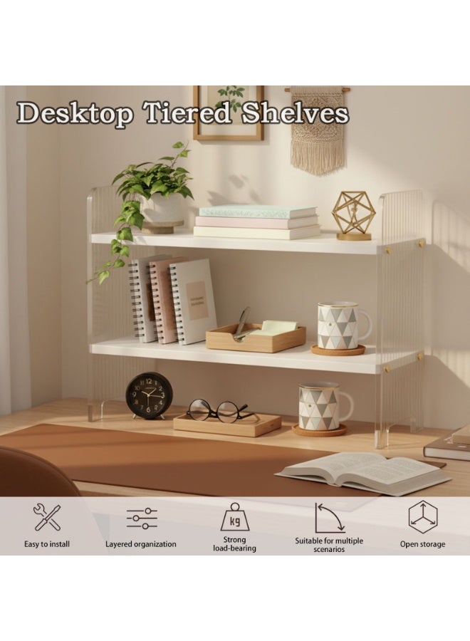 Sinyin Modern Desktop Organizer Shelf with 2-Tier Storage, Nordic Desk Bookshelf, Office Storage Rack, Study Table Organizer, Wooden Display Shelf for Home Office Bedroom, White - Image 2