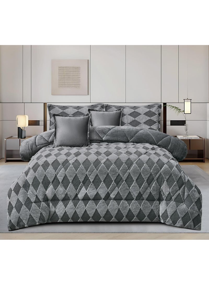 مينج لي مفرش سرير شتوي ملكي 6 قطع – نفرين وجهين (مخمل + فرو) مقاس كينج 230×250 سم فاخر ودافئ