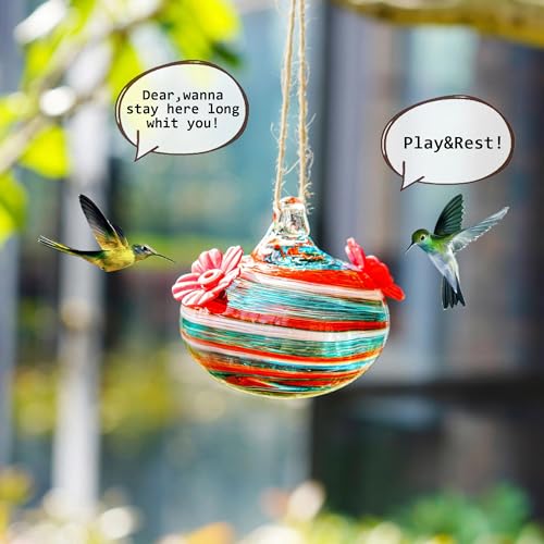 KRISININE Small Glass Hummingbird Feeders for Outdoors 3in Hanging Blown Glass Ball Humming Birds Feeder with 2 Feeding Ports for Outside Garden Patio Decor for Window - Image 3