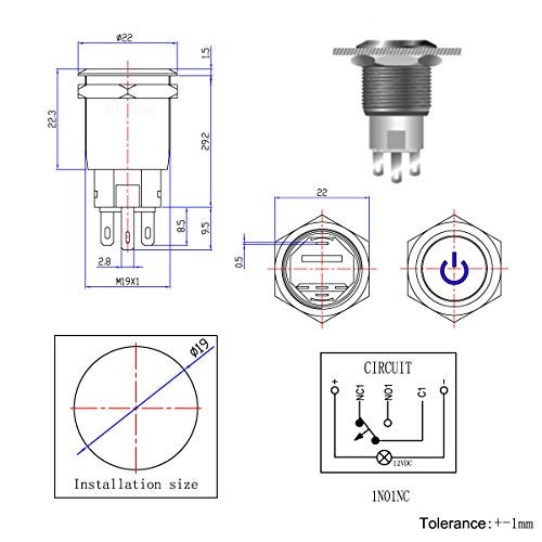 Ulincos Latching Pushbutton Switch U19C1 1NO1NC SPDT ON/Off Black Metal Shell with Blue LED Suitable for 19mm 3/4" Mounting Hole (Blue) - Image 5