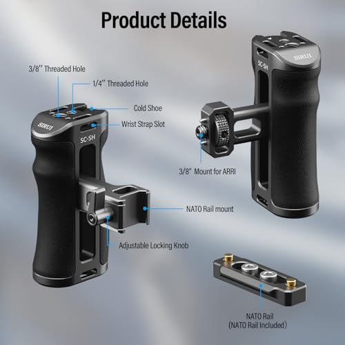 SIRUI Camera Cage Side Handle, Aluminum NATO and 3/8'' Locating Mount for ARRI Side Hand Grip with Cold Shoe and Threaded Holes, Up and Down Adjustable, Pack of 1, SC-SH - Image 2