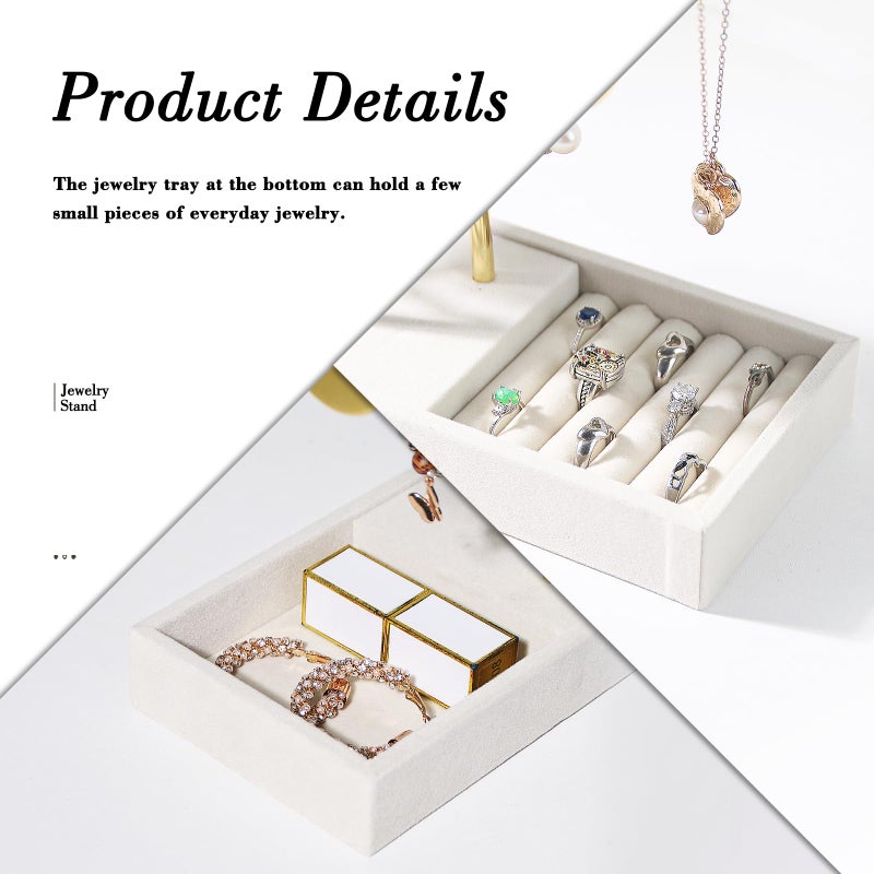 Pengup 2 Tier Jewelry Holder,Bracelet Necklace Organizer with Jewelry Tray,Jewelry Storage Stand for Girls,Velvet Jewelry Tree (Beige) - Image 5