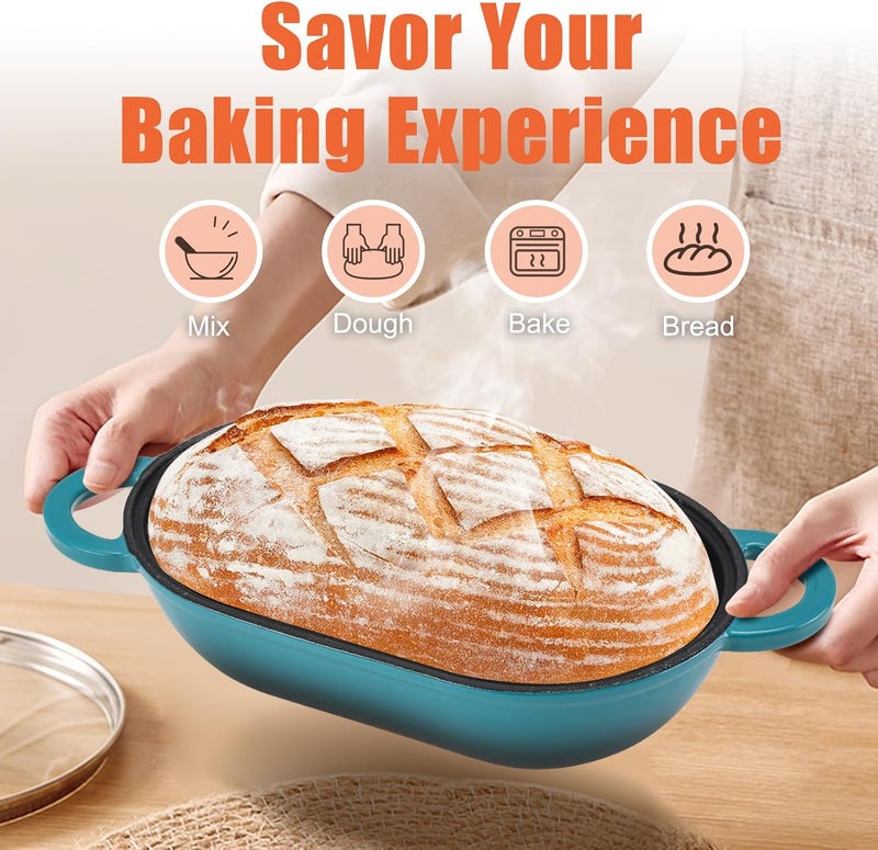 NSIRONS Enameled Cast Iron Sourdough Bread Oven, 5QT Loaf Cast Iron Bread Pan with Lid, Oval Dutch Oven for Homemade Bread Baking, Meatloaf Pan with Lid (Gradient Blue-green) - Image 5