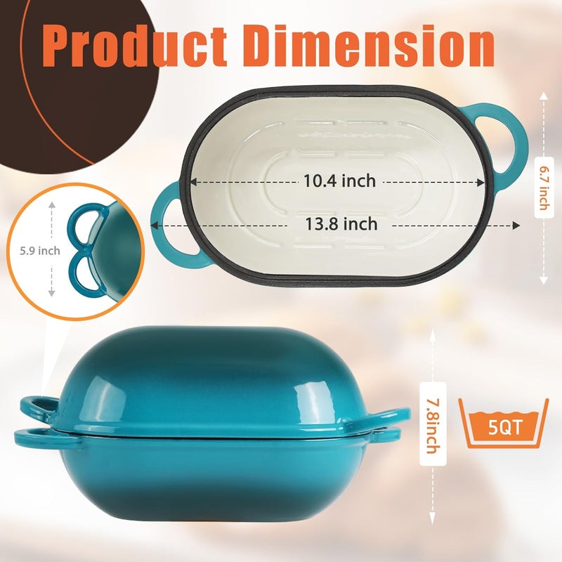 NSIRONS Enameled Cast Iron Sourdough Bread Oven, 5QT Loaf Cast Iron Bread Pan with Lid, Oval Dutch Oven for Homemade Bread Baking, Meatloaf Pan with Lid (Gradient Blue-green) - Image 2