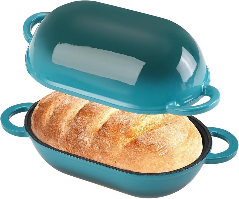 NSIRONS Enameled Cast Iron Sourdough Bread Oven, 5QT Loaf Cast Iron Bread Pan with Lid, Oval Dutch Oven for Homemade Bread Baking, Meatloaf Pan with Lid (Gradient Blue-green) - Image 1