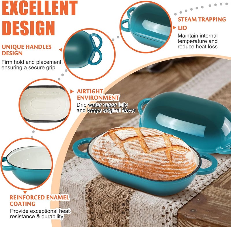 NSIRONS Enameled Cast Iron Sourdough Bread Oven, 5QT Loaf Cast Iron Bread Pan with Lid, Oval Dutch Oven for Homemade Bread Baking, Meatloaf Pan with Lid (Gradient Blue-green) - Image 3