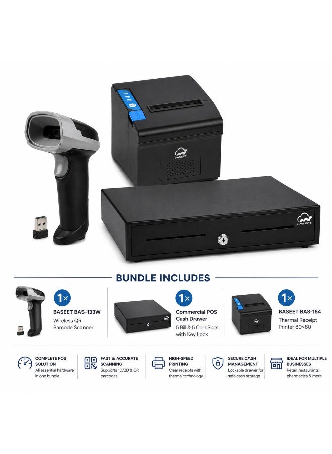 BASEET Complete POS Bundle with Wireless 2D Barcode Scanner, Thermal Receipt Printer & Cash Drawer for Retail Stores, Restaurants & Supermarkets - Image 1