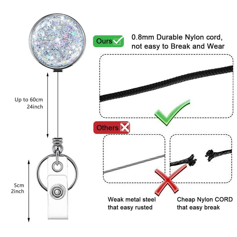 HASFINE 2 Pack Retractable Badge Reel with Key Ring & Belt Clip - Glittery Silver Lightweight Plating Design Badge Holder for Nurses, Volunteers, Teachers, and Students - Image 3