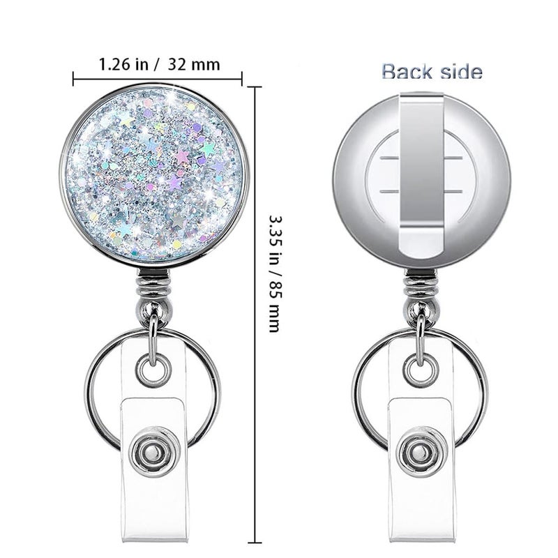 HASFINE 2 Pack Retractable Badge Reel with Key Ring & Belt Clip - Glittery Silver Lightweight Plating Design Badge Holder for Nurses, Volunteers, Teachers, and Students - Image 4