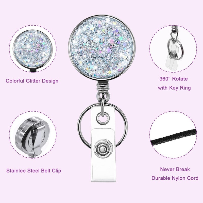 HASFINE 2 Pack Retractable Badge Reel with Key Ring & Belt Clip - Glittery Silver Lightweight Plating Design Badge Holder for Nurses, Volunteers, Teachers, and Students - Image 2