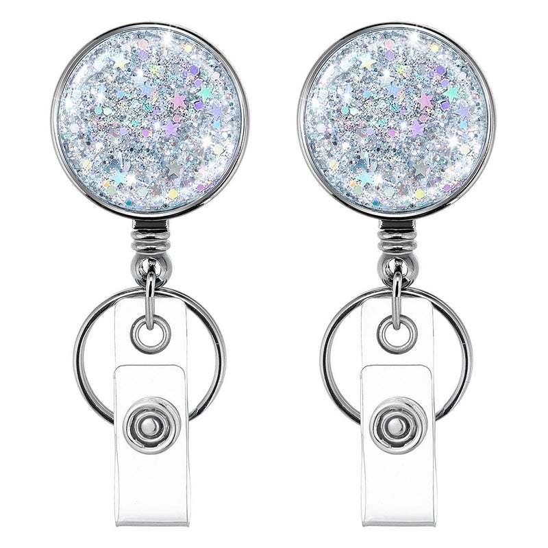 HASFINE 2 Pack Retractable Badge Reel with Key Ring & Belt Clip - Glittery Silver Lightweight Plating Design Badge Holder for Nurses, Volunteers, Teachers, and Students - Image 1