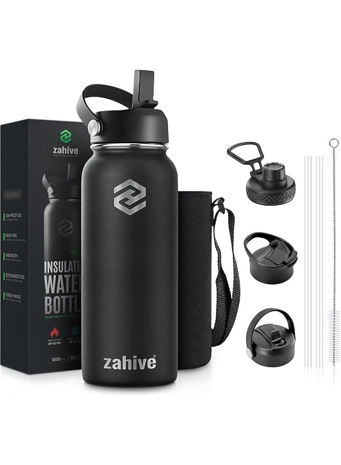 Zahive Stainless Steel Water Bottle 1l with 3 Lids & Bag - Insulated Water Bottle with Straw - 1000ml Double Wall Thermos Flask for Travel Hot & Cold Drinks, Sports, Gym, Leak Proof (32oz, Black) - Image 1