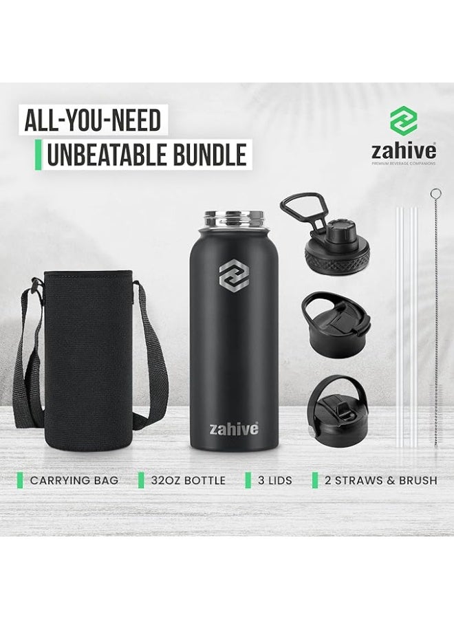 Zahive Stainless Steel Water Bottle 1l with 3 Lids & Bag - Insulated Water Bottle with Straw - 1000ml Double Wall Thermos Flask for Travel Hot & Cold Drinks, Sports, Gym, Leak Proof (32oz, Black) - Image 2
